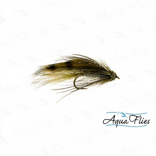 A single fly fishing lure with a brown and black body, tan hackle, and dark tail, shown on a white background with a repeating AquaFlies watermark and logo.