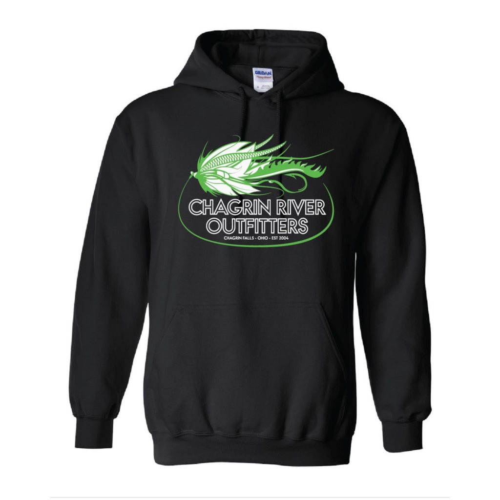 A black pullover hoodie with a green and white graphic on the chest reading 'Chagrin River Outfitters' with a fish design, shown on a plain white background.