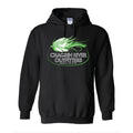 A black pullover hoodie with a green and white graphic on the chest reading 'Chagrin River Outfitters' with a fish design, shown on a plain white background.