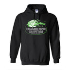 A black pullover hoodie with a green and white graphic on the chest reading 'Chagrin River Outfitters' with a fish design, shown on a plain white background.