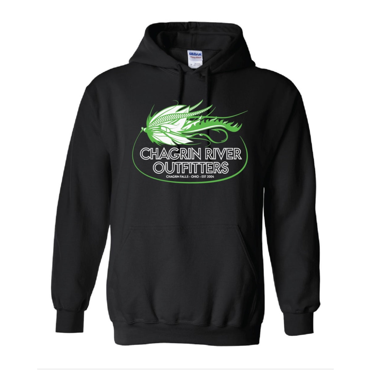 A black pullover hoodie with a green and white graphic on the chest reading 'Chagrin River Outfitters' with a fish design, shown on a plain white background.