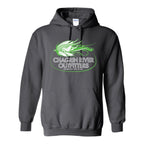A dark gray pullover hoodie with a green and white 'Chagrin River Outfitters' graphic on the chest, displayed against a solid white background.
