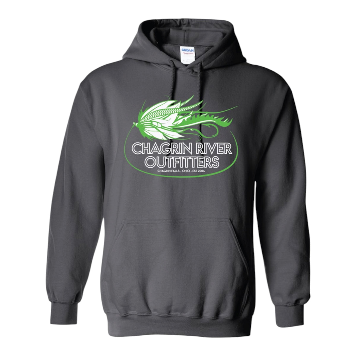 A dark gray pullover hoodie with a green and white 'Chagrin River Outfitters' graphic on the chest, displayed against a solid white background.
