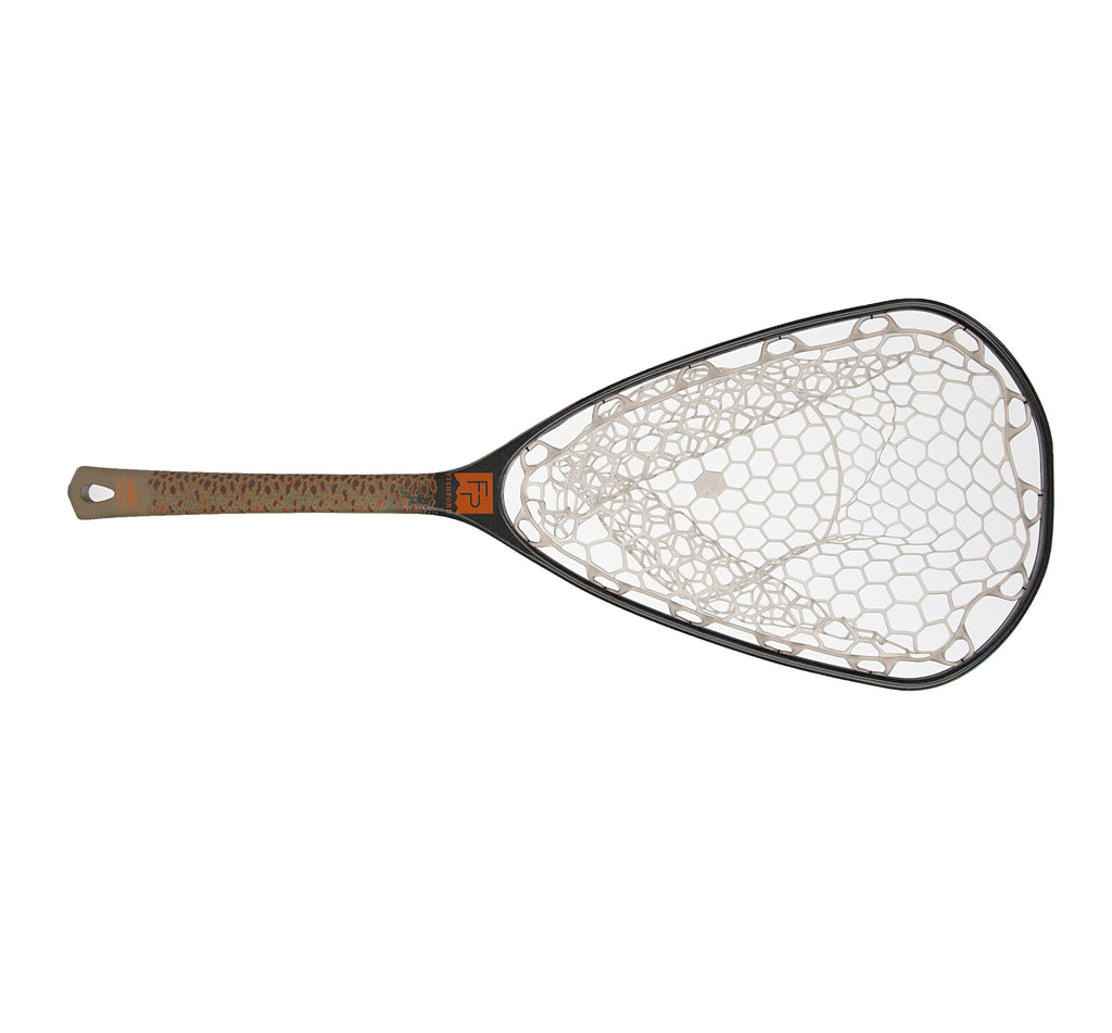A Fishpond Canyon landing net with a black frame, brown textured handle, and white mesh netting, shown from a top-down view on a white background.