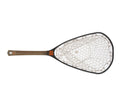 A Fishpond Canyon landing net with a black frame, brown textured handle, and white mesh netting, shown from a top-down view on a white background.