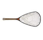 A Fishpond Canyon landing net with a black frame, brown textured handle, and white mesh netting, shown from a top-down view on a white background.