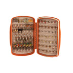 An open orange Fishpond Tacky Pescador small fly box displaying an organized array of fishing flies.