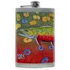 Colorful flask with fish designs on a white surface