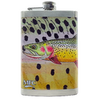 Colorful flask with fish designs on a white surface