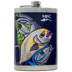 Colorful flask with fish designs on a white surface