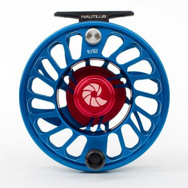 A blue and red Nautilus CCF-X2 fly-fishing reel with a large arbor design.