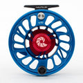 A blue and red Nautilus CCF-X2 fly-fishing reel with a large arbor design.