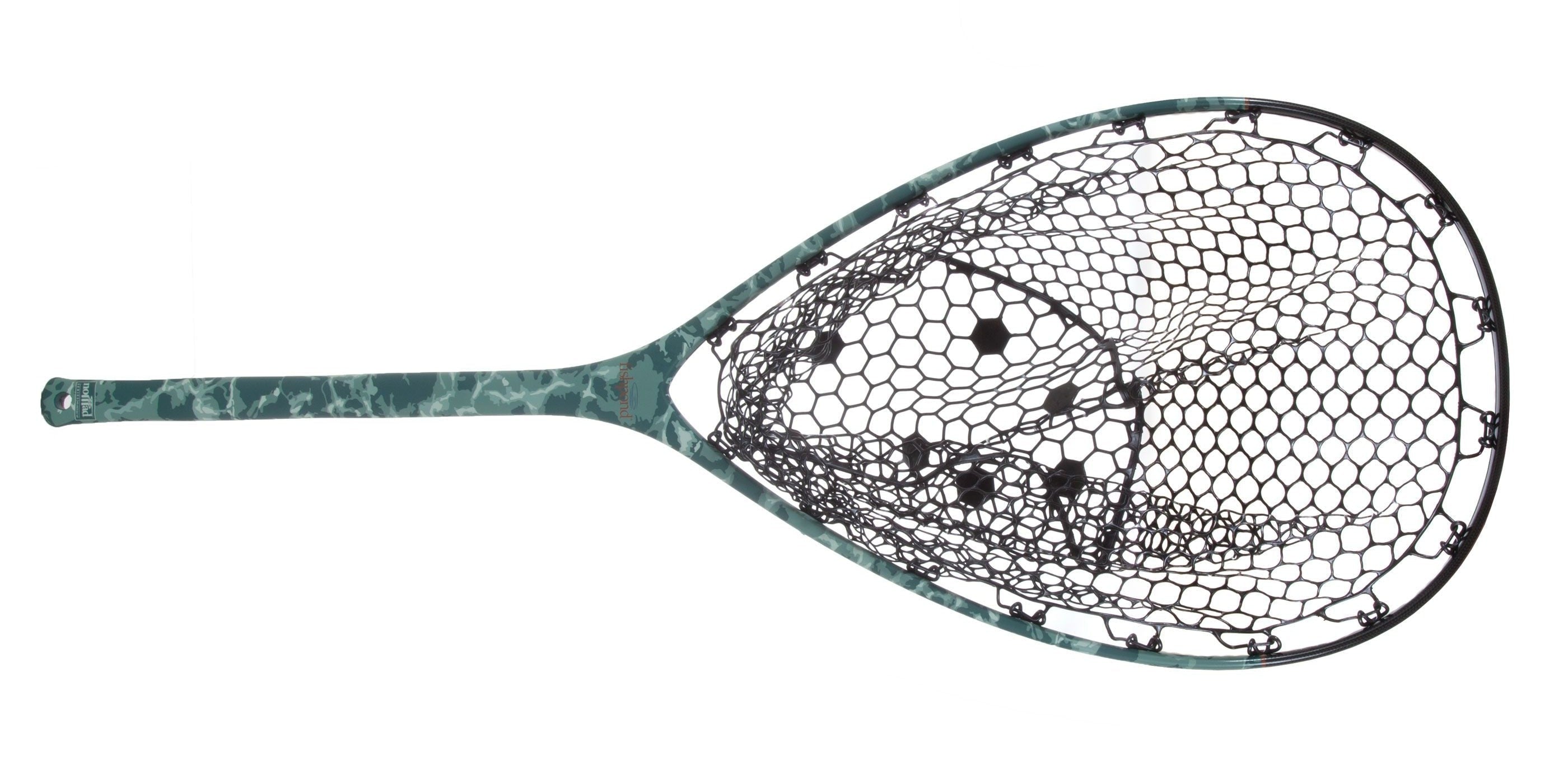 Fishing net with a camouflage handle on a white background