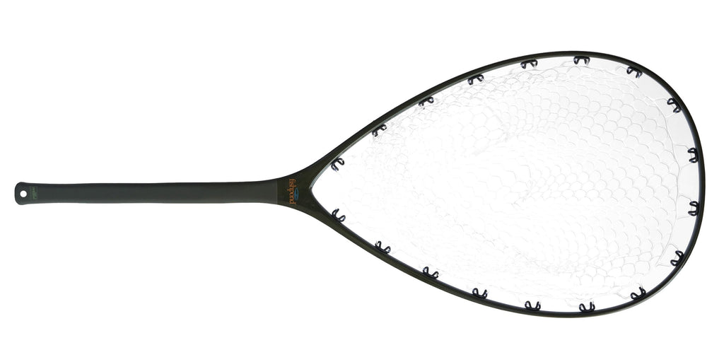 Fishpond landing net with a clear net on a white background