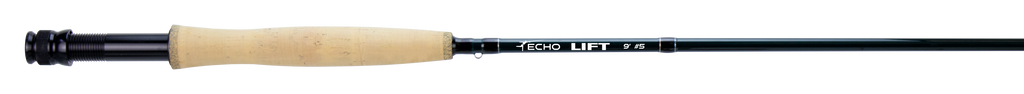 Fishing rod with cork handle and black grip on a white background