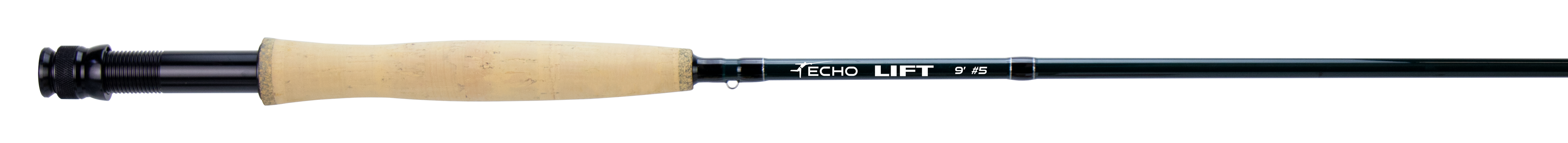 Fishing rod with cork handle and black grip on a white background