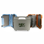 A collection of MFC Boat Fly Boxes in blue, gray, and orange colors, each with the MFC logo on the front.