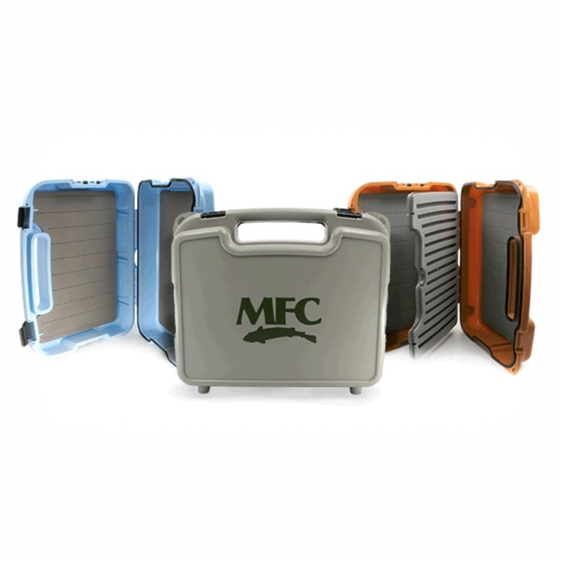 A collection of MFC Boat Fly Boxes in blue, gray, and orange colors, each with the MFC logo on the front.