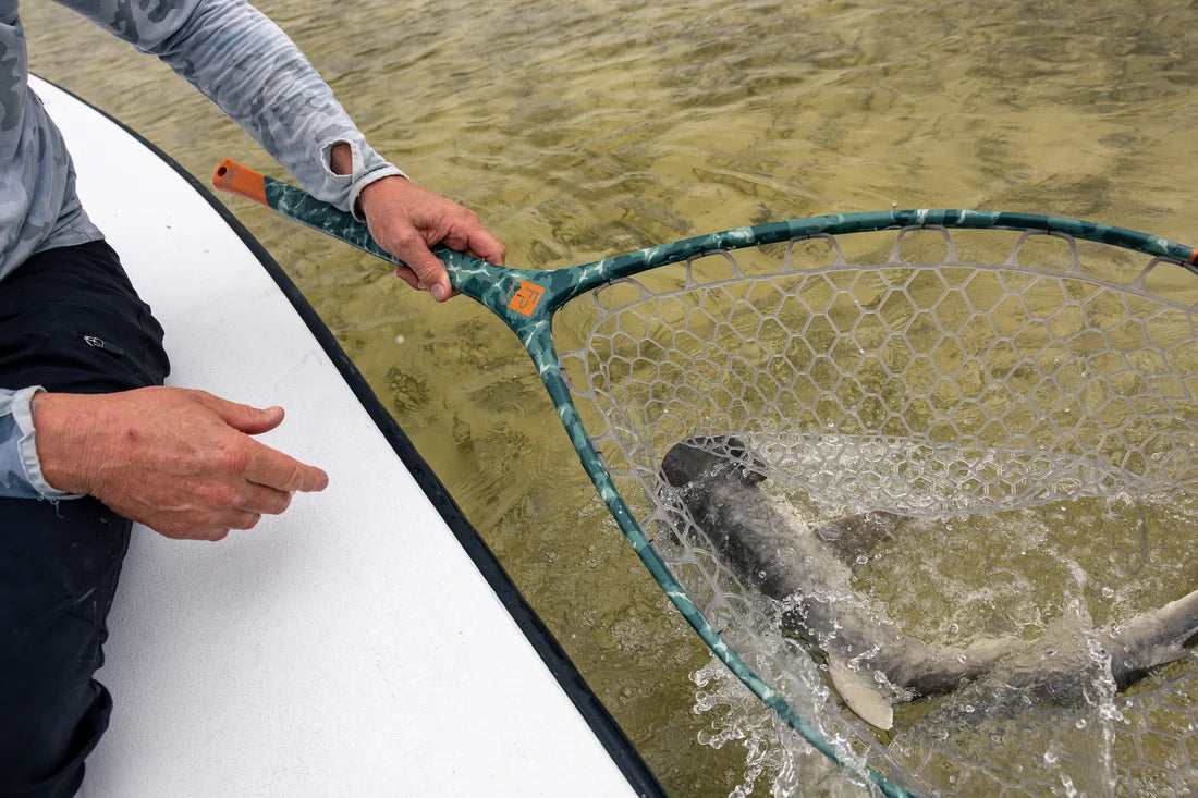 A person in a boat holds a green and orange landing net over murky water, catching a large fish that is thrashing inside the net.