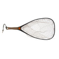 Fishing net with brown trout motive handle on a white background