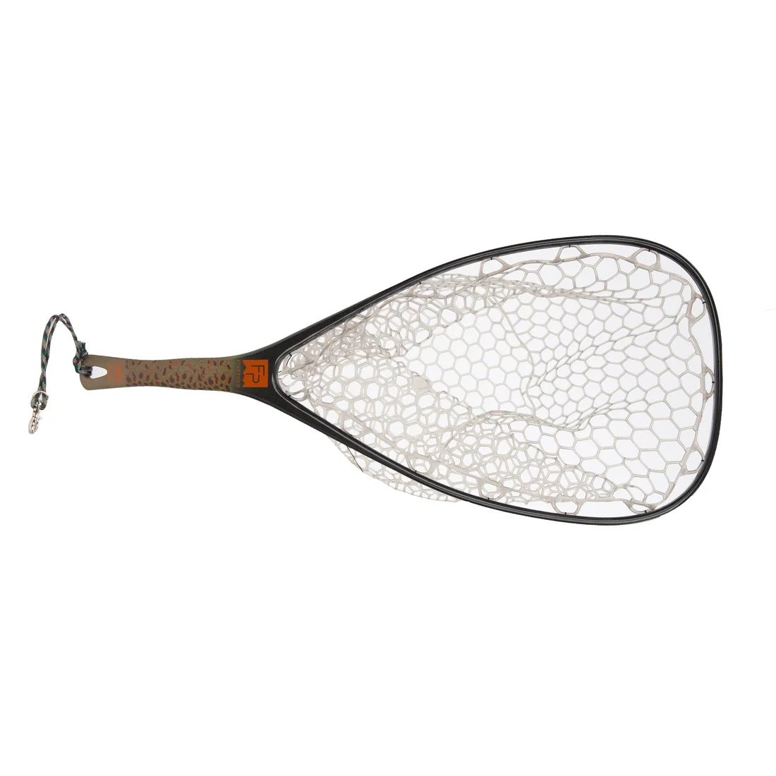 Fishing net with brown trout motive handle on a white background