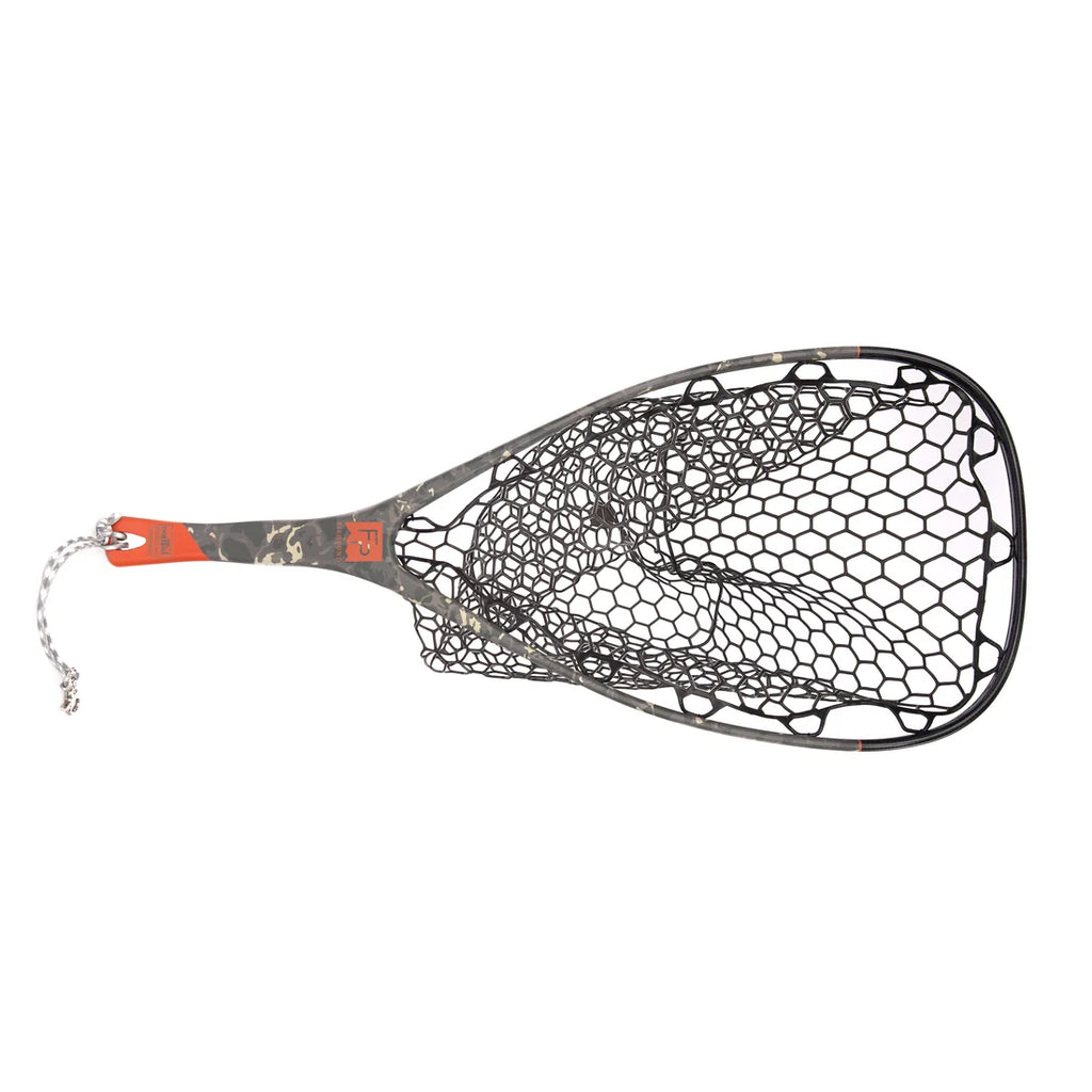 Fishing net with a black and gray handle on a white background