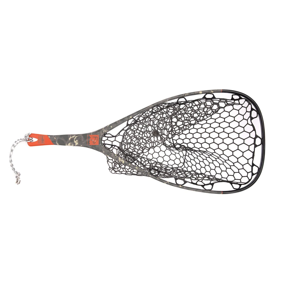 Fishing net with a black and gray handle on a white background
