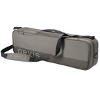An Orvis branded carry-on fishing rod case in a solid color with a lockable zipper and a padded shoulder strap.