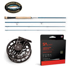 Fishing rod, reel, and line saltwater outfit with Chagrin River Outfitters branding on a white background.