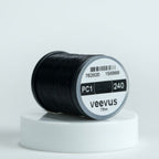 Spool of black Veevus Power Threads 240 with 'veevus' branding on a white background