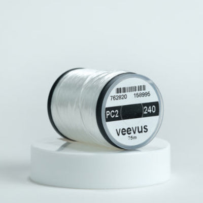 Spool of white Veevus Power Threads 240 with 'veevus' branding on a white background