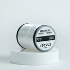 Spool of white Veevus Power Threads 240 with 'veevus' branding on a white background