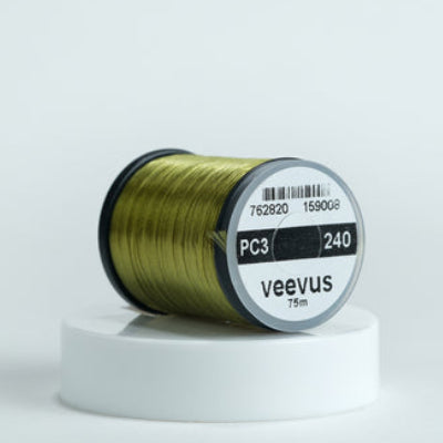 Spool of olive Veevus Power Threads 240 with 'veevus' branding on a white background