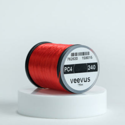 Spool of red Veevus Power Threads 240 with 'veevus' branding on a white background