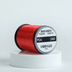 Spool of red Veevus Power Threads 240 with 'veevus' branding on a white background