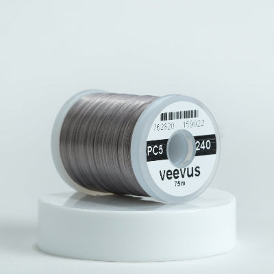 Spool of gray Veevus Power Threads 240 with 'veevus' branding on a white background