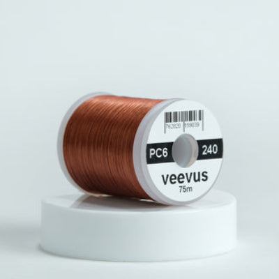 Spool of brown Veevus Power Threads 240 with 'veevus' branding on a white background