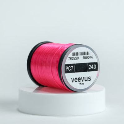 Spool of pink Veevus Power Threads 240  with 'veevus' branding on a white background
