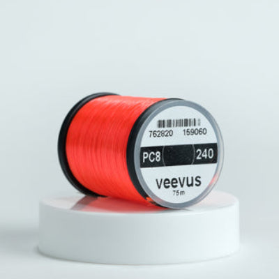 Spool of red Veevus Power Threads 240 with 'veevus' branding on a white background