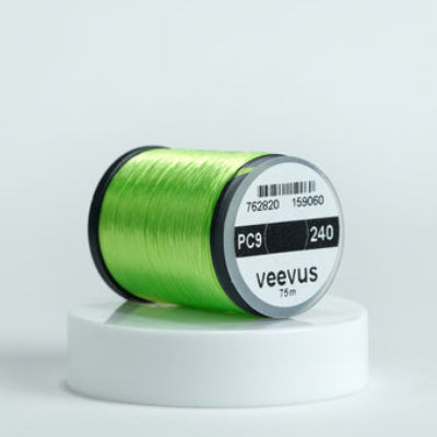 Spool of chartreuse Veevus Power Threads 240 with 'veevus' branding on a white background