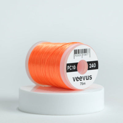 Spool of orange Veevus Power Threads 240 with 'veevus' branding on a white background