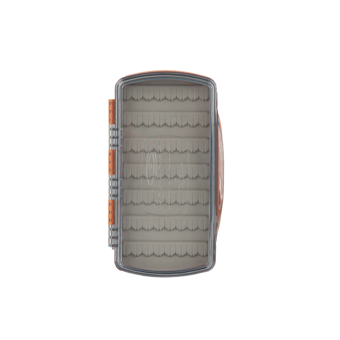Clear plastic Fishpond Tacky Pescador Fly Box Medium - Clear fly box with orange accents on a white background