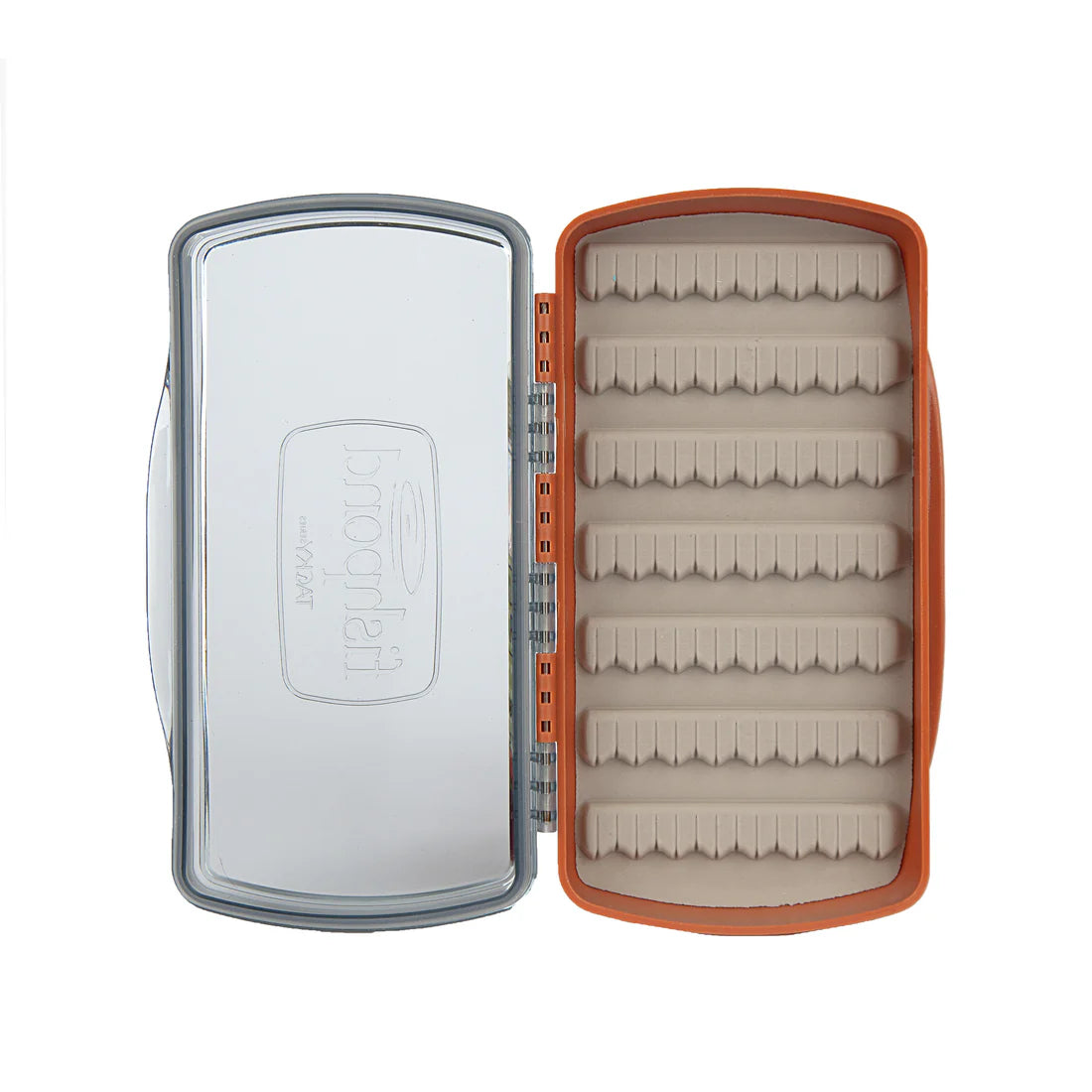 Clear plastic Fishpond Tacky Pescador Fly Box Medium - Clear fly box with orange accents on a white background