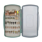 Fishpond Tacky Pescador Fly Box - Medium - Clear -Dynamic Foam with various flies inside on a white background