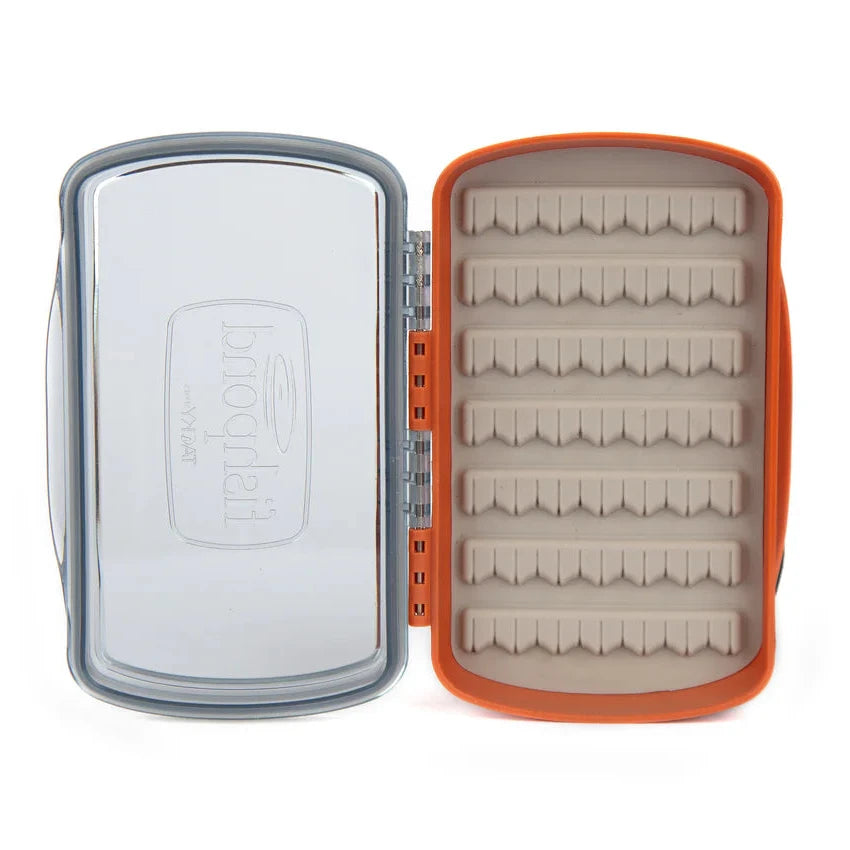 Clear plastic fly box with orange accents on a white background