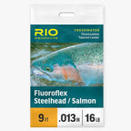 Rio Products Fluoroflex Steelhead/Salmon fishing leader packaging with a steelhead image on a white background