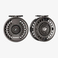 Two Sage Spey II fishing reels, one in black and the other in gray, displayed side by side.