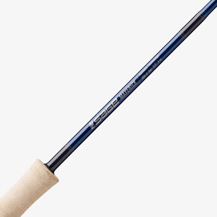 Sage Maverick Fly Rod with blue and black handle on a white background