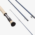 Sage Maverick Fly Rod with beige handle and blue sections on a white background