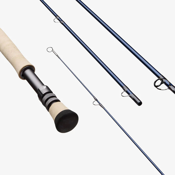 Sage Maverick Fly Rod with beige handle and blue sections on a white background